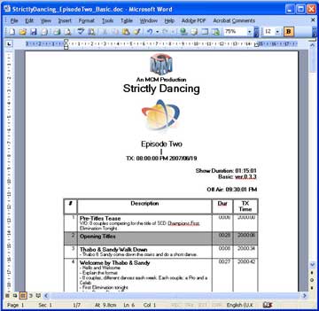 Running Order exported to Word from Multi-Cam Master 